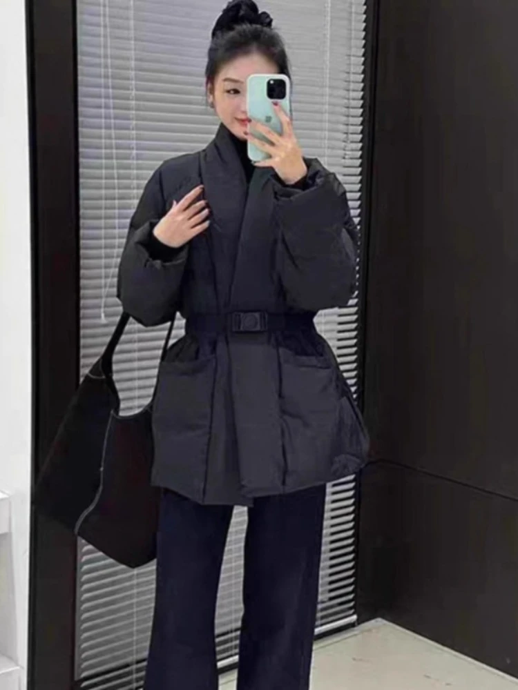 2025 New Down Jacket Winter Belt Waist-Tight Elegant Warm 90% White Duck Puffer Coat Female Mid-Length Solid Color V-Neck Parkas