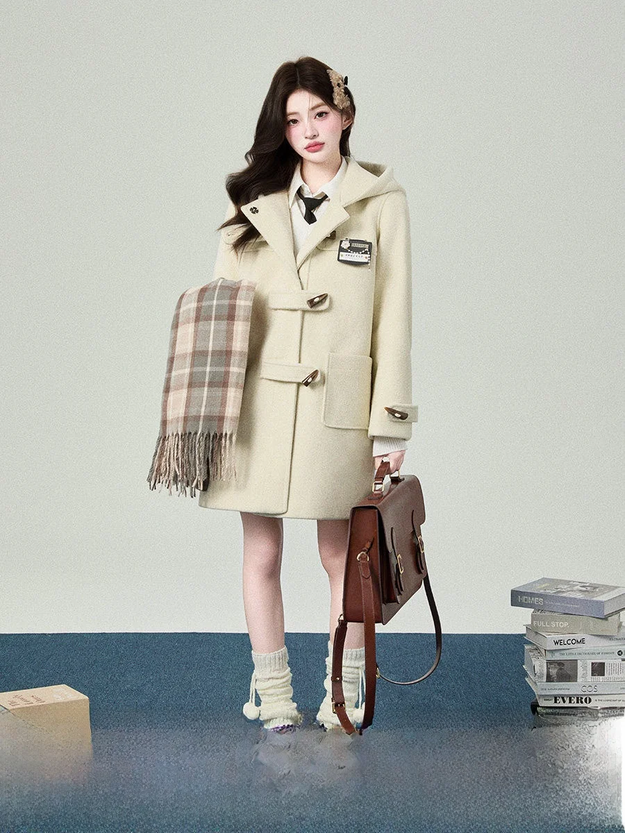 

Корейское женское длинное хлопковое шерстяное пальто с роговими пуговицами Sweet School orm Sle, пальто средней длины прямого кроя