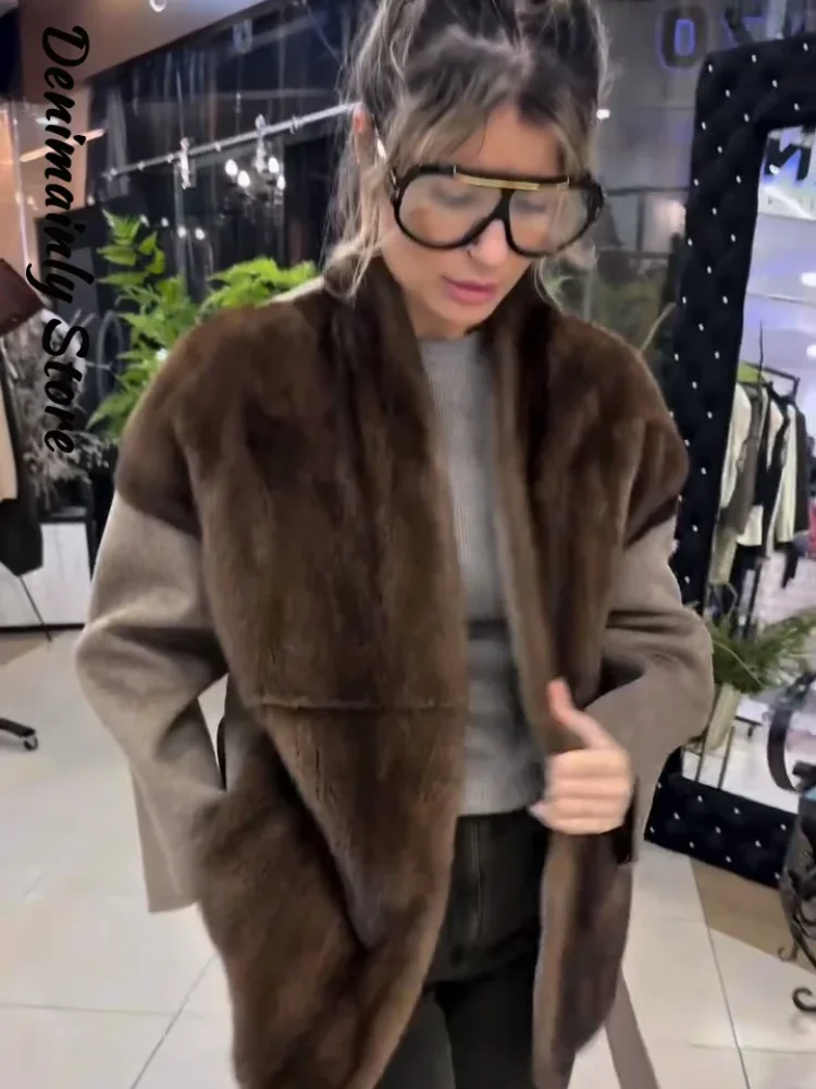 Elegant Faux Fur Twill Patchwork Knit Coat Women high Collar Zipper Full Sleeve Thick Jackets 2025 Winter Outwear 2026Spring New