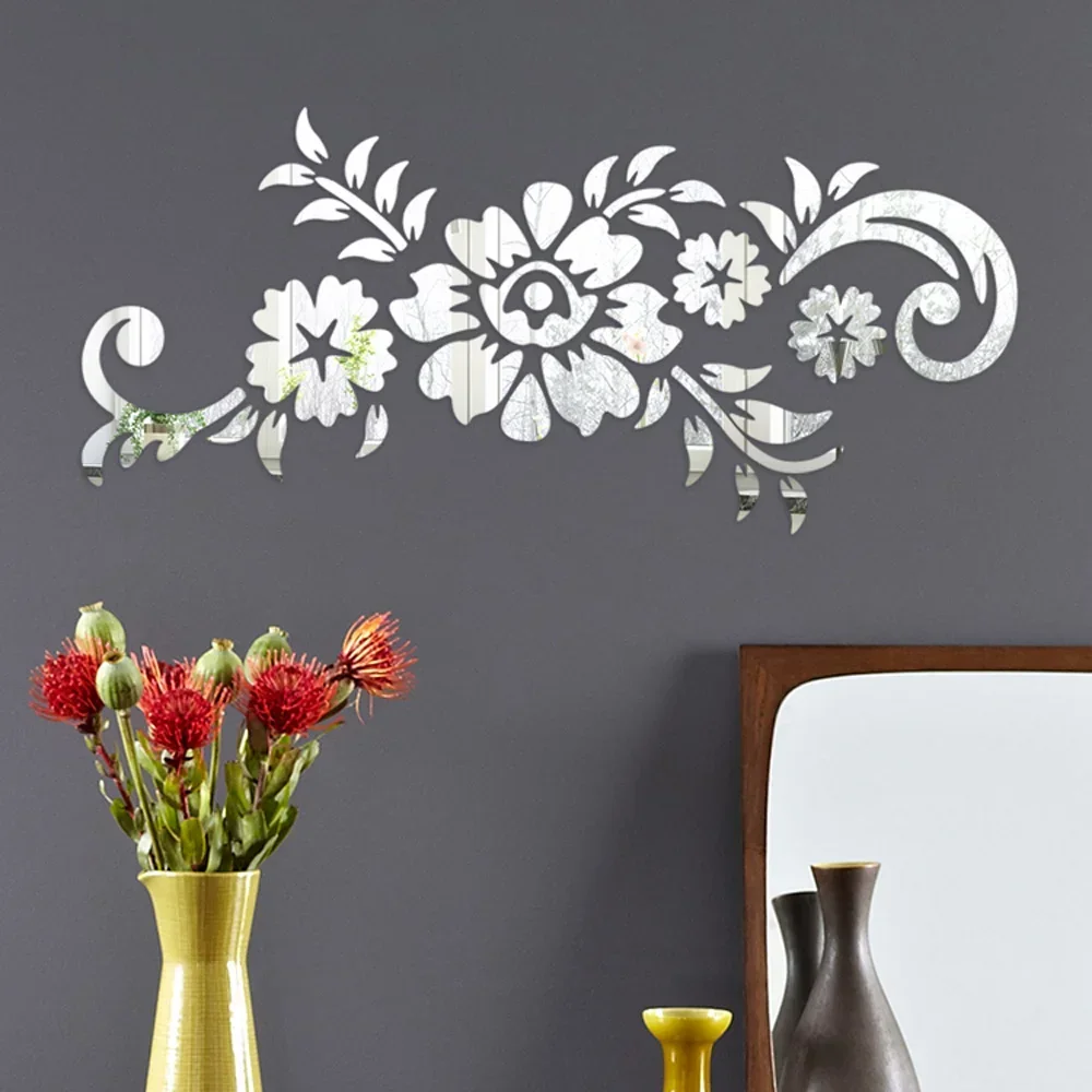 50x21.5cm Removable Acrylic 3D Mirror Wall Decal Rattan Flowers Fashionable Home Living Room Decoration