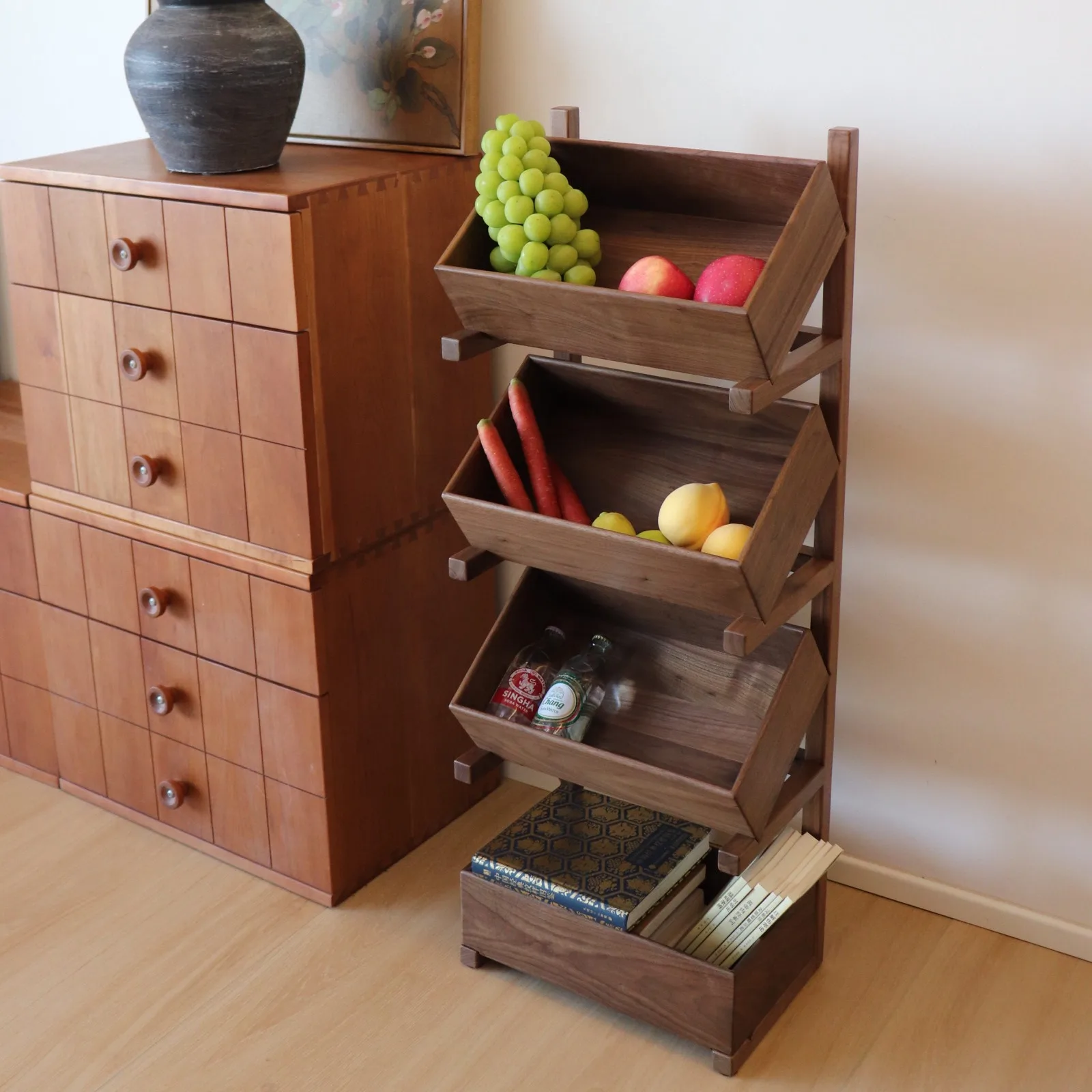 

North American black walnut solid wood multi-layer floor rack sundries storage locker bedroom living room porch kitchen