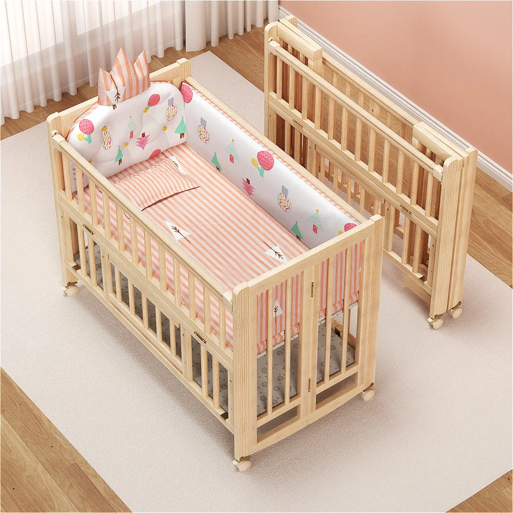 

Hot Selling Folding Baby Cot Bed Wood Adjustable Wheels Kids Wooden Cribs Toddler Children Sleeping for Girl