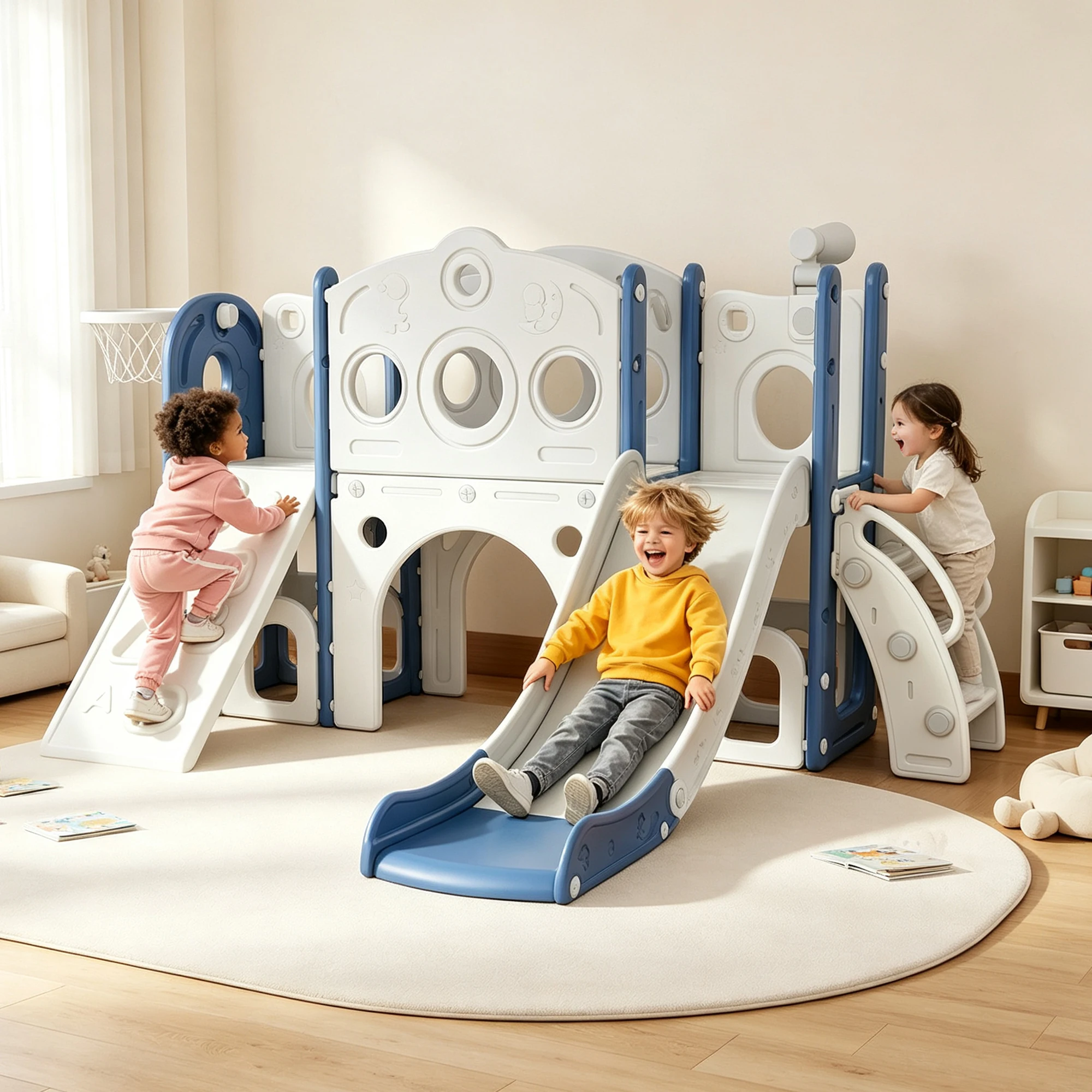 9-in-1 Toddler Slide Playset for Ages 1-3 with Climber Slide Basketball Hoop Telescope Indoor Outdoor Kids Playground with Storage Anti-Slip Steps