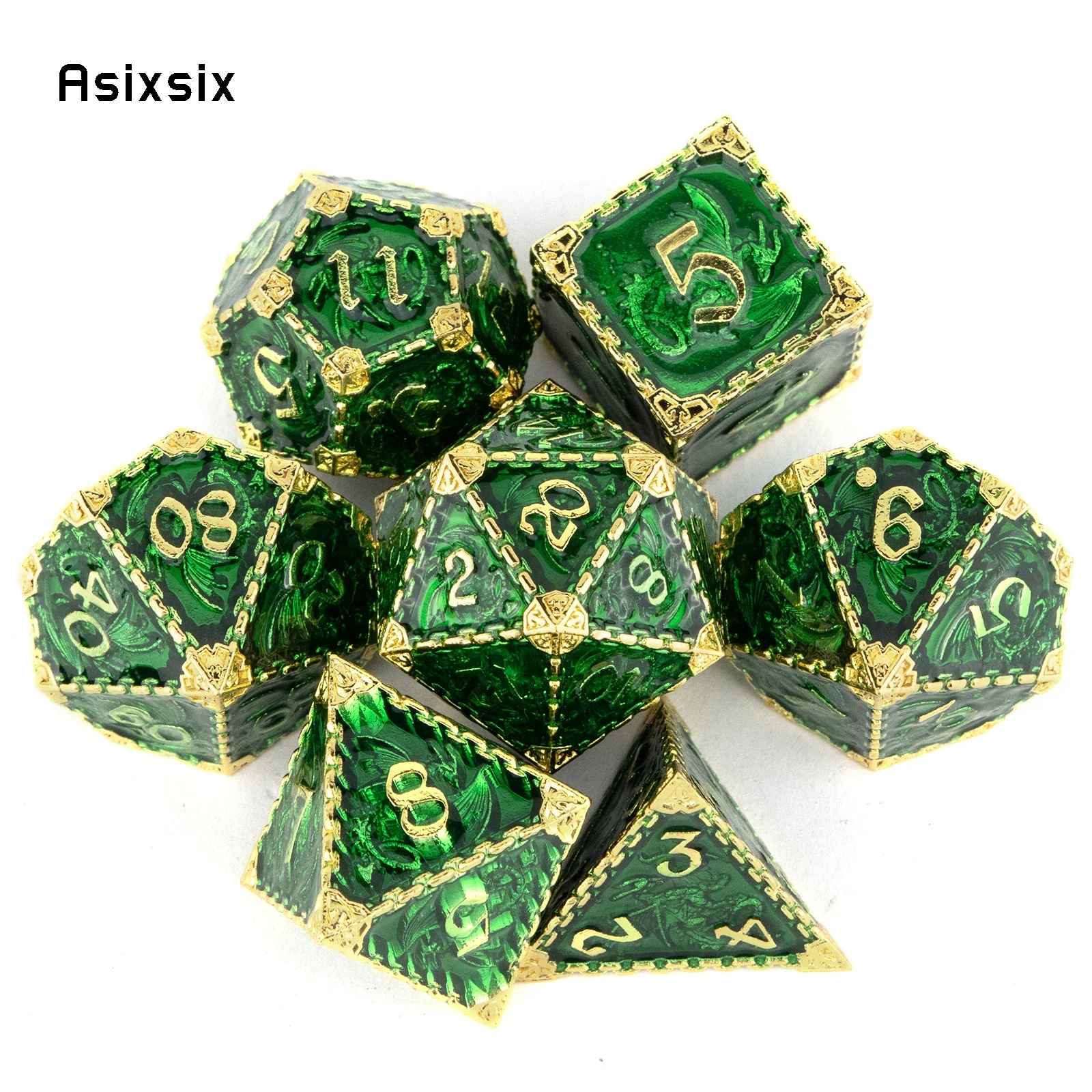 

7 Pcs Green Yellow Dragon Metal Dice Solid Metal Polyhedral Dice Set Suitable for Role-Playing RPG Board Game Card Game