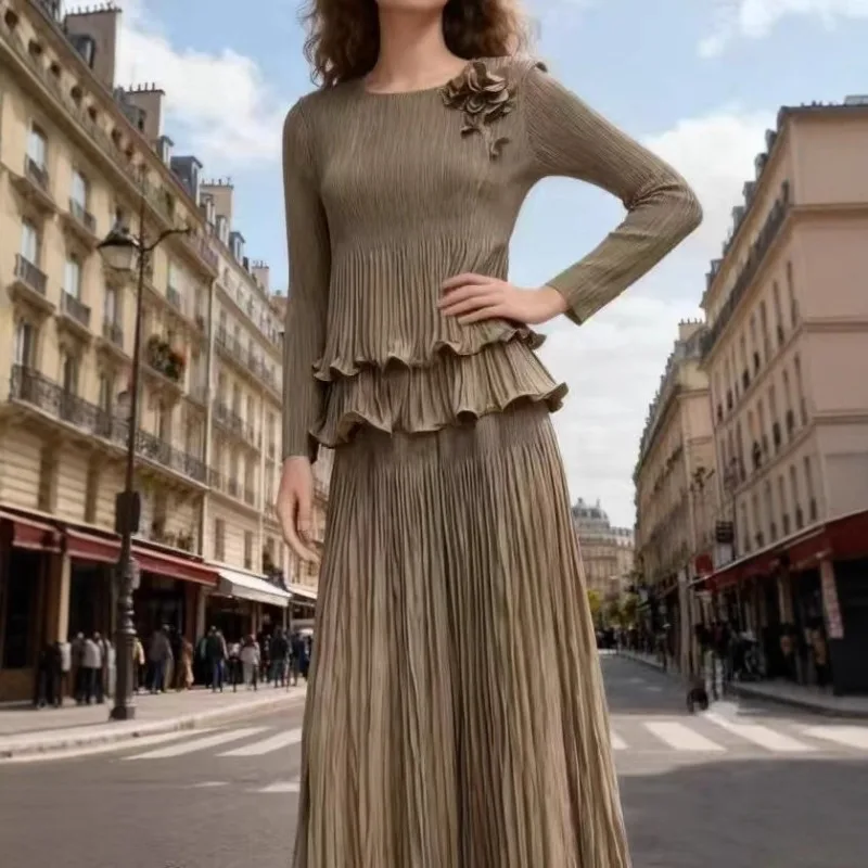 Miyake geplooid broekpak plus size set 2025 herfst nieuwe plisse mode volant top en wijde pijpen broek dames vouw 2-delige set