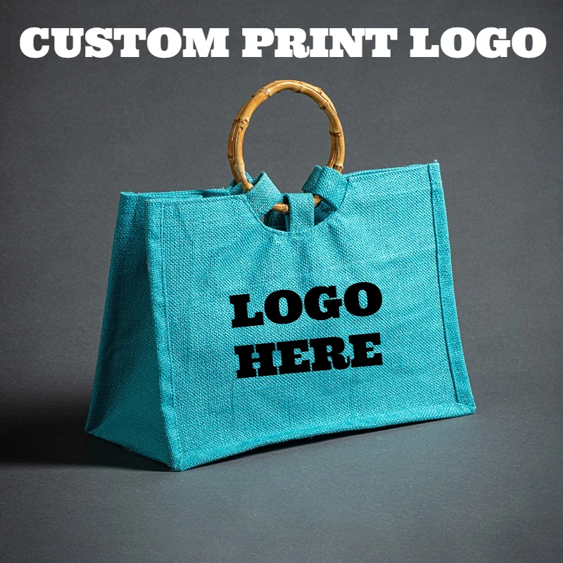 Custom Logo Vintage Bamboo Jute Bags Solid Color Burlap Tote Bag Casual Large Capacity Handbag Portable Travel Organizer Bags