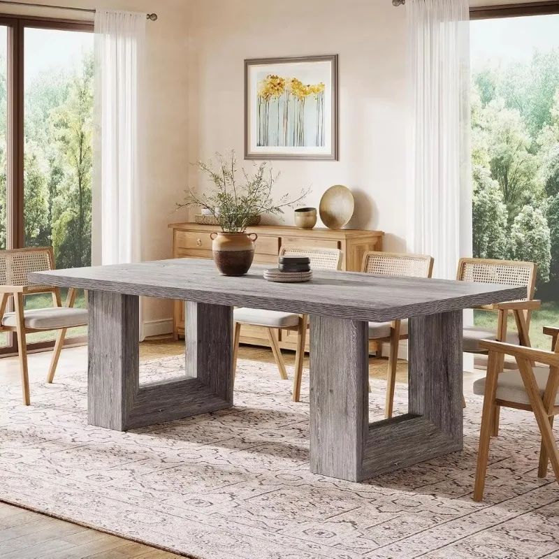 D6Farmhouse Dining Table: 63-Inch Rectangular Kitchen Table With Geometric Frame For Various Rooms, Grey