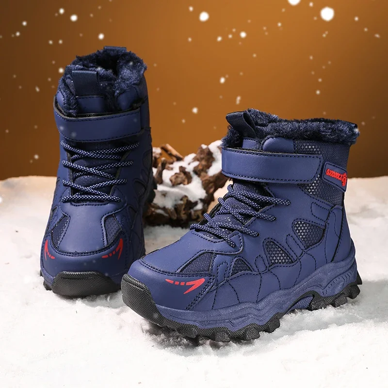 Kids Winter Snow Boots Fashion High Top Non-Slip Warm Plush Lined Children Cotton Shoes Outdoor Hiking Boots Size 30-40