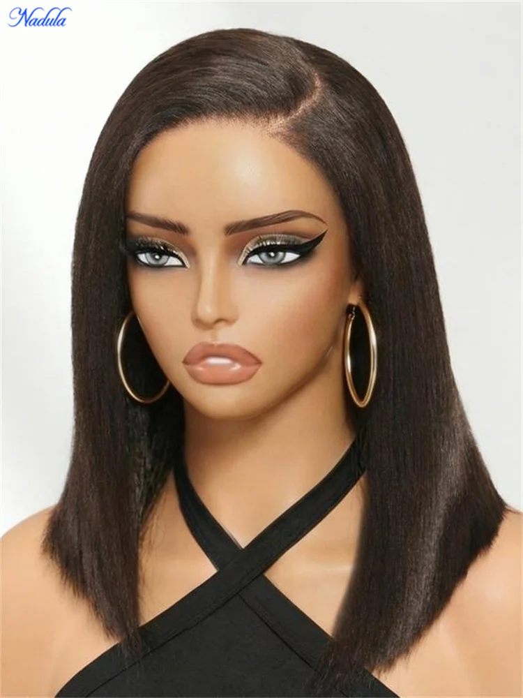 Nadula 7x5 Bye Bye Slip Bob Wig Human Hair Dark Chocolate Brown Yaki Straight Side Part Pre Cut HD Transparent Lace Pre Bleached Tiny Knots Pre Plucked Drawstring Glueless Wig Ready to Wear Ship from US Warehouse 30 Days No Reason Easy Free Local Return
