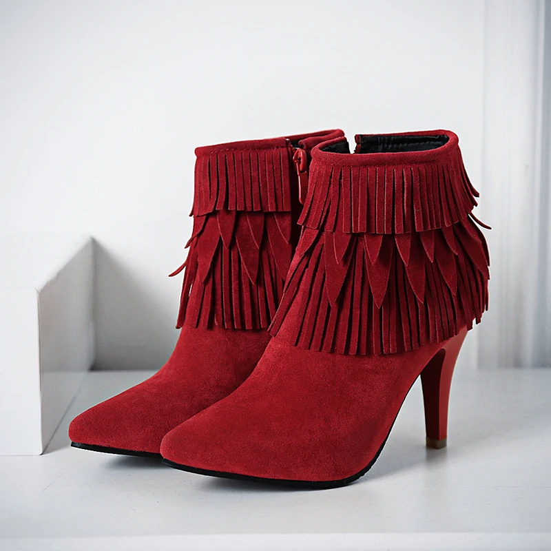 Faux Suede Leather Pointed Toe Spike High Heels Bootie Women Shoes with Red Tassels Short Ankle Stiletto Boots Big Size 33-54