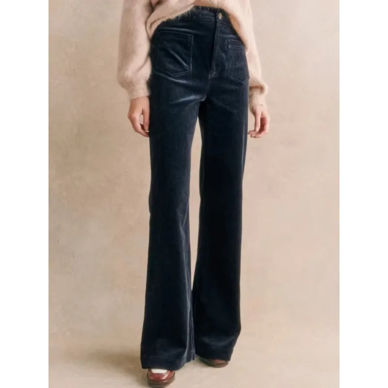 Women 2024 Corduroy High-waisted Double Pocket Corduroy Micro-flared Wide-leg Casual Pants