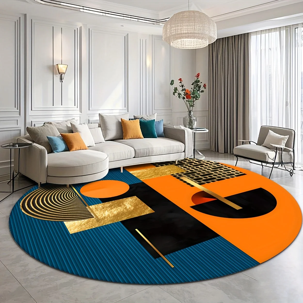 Orange Blue Gold Abstract Geometric Luxury Round Rug Flannel Non Slip Modern Living Room Sofa Area Rug High End Interior Design