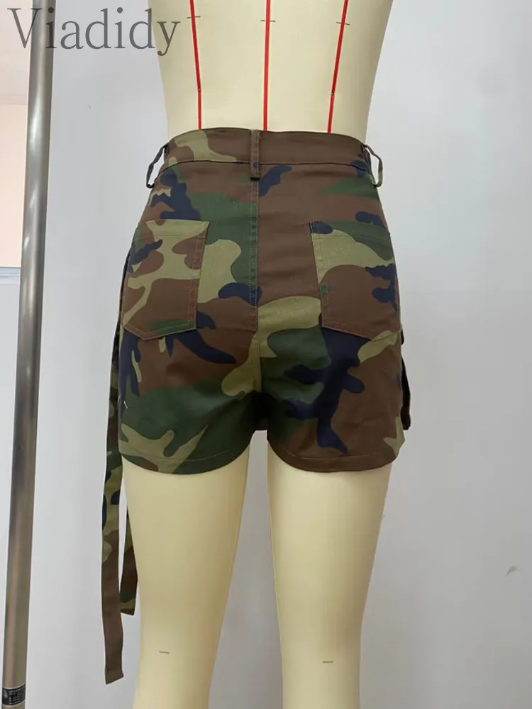 Short décontracté avec fermeture éclair pour femme, taille haute, poche camouflage