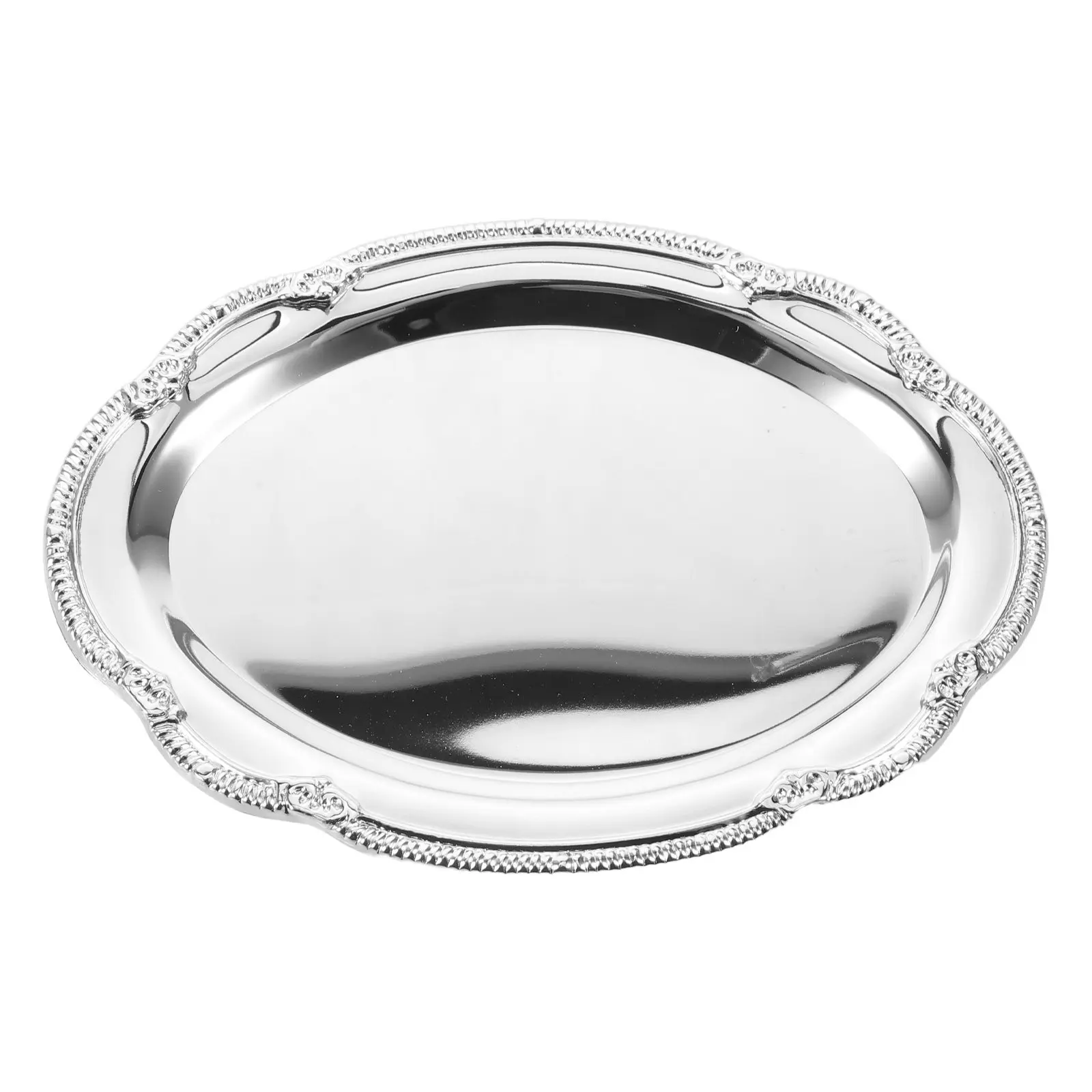 Vintage Silver Serving Tray Embossed Metal Mirror Finish Elegant Round Vanity Decorative Wedding Party Mirror Tray Floating