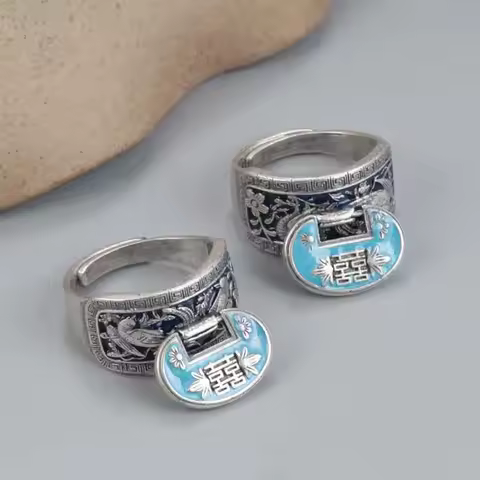 Double Happiness Bird Song Flower Blue Enamel Rings for Women Ethnic Style Vintage 925 Silver Lock Ring Pendant Party Jewelry
