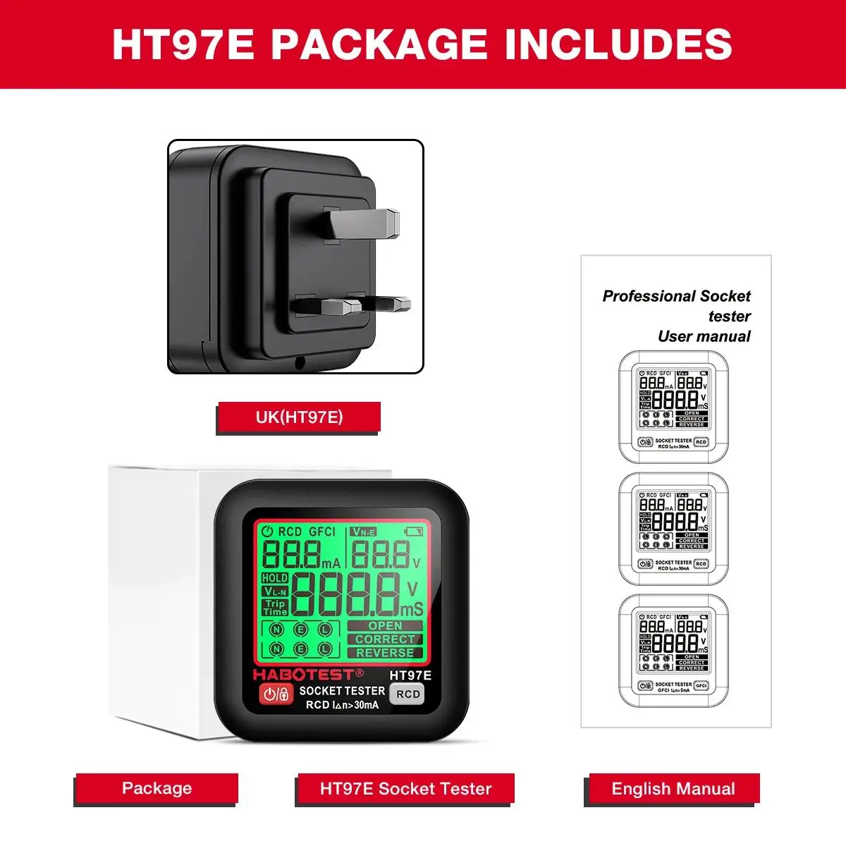 HABOTEST HT97 Digitaler Steckdosentester, intelligenter Spannungsdetektor, RCD, FCI-Spannungstest, EU, US, UK-Stecker, Steckdosentester mit großem Display
