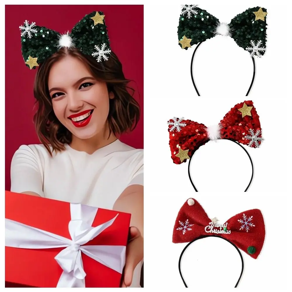 

Christmas Headband Women Girl Cute Bowknot Sequins Snowflake Bow Hairband Holiday Party Decoration Headwear Gift