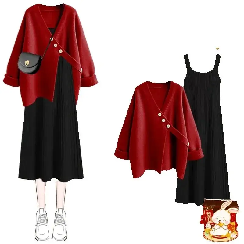 

Fashion Women Two Piece Dress Set 2025 Autumn Winter Long Dresses and Long Sleeve Sweater Suit