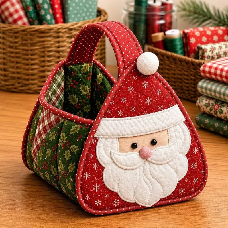 Christmas Santa Fabric Gift Basket, Quilted Handheld Bag with Handle, Xmas Candy Cookie Tote for Holiday Gift Wrapping Decor