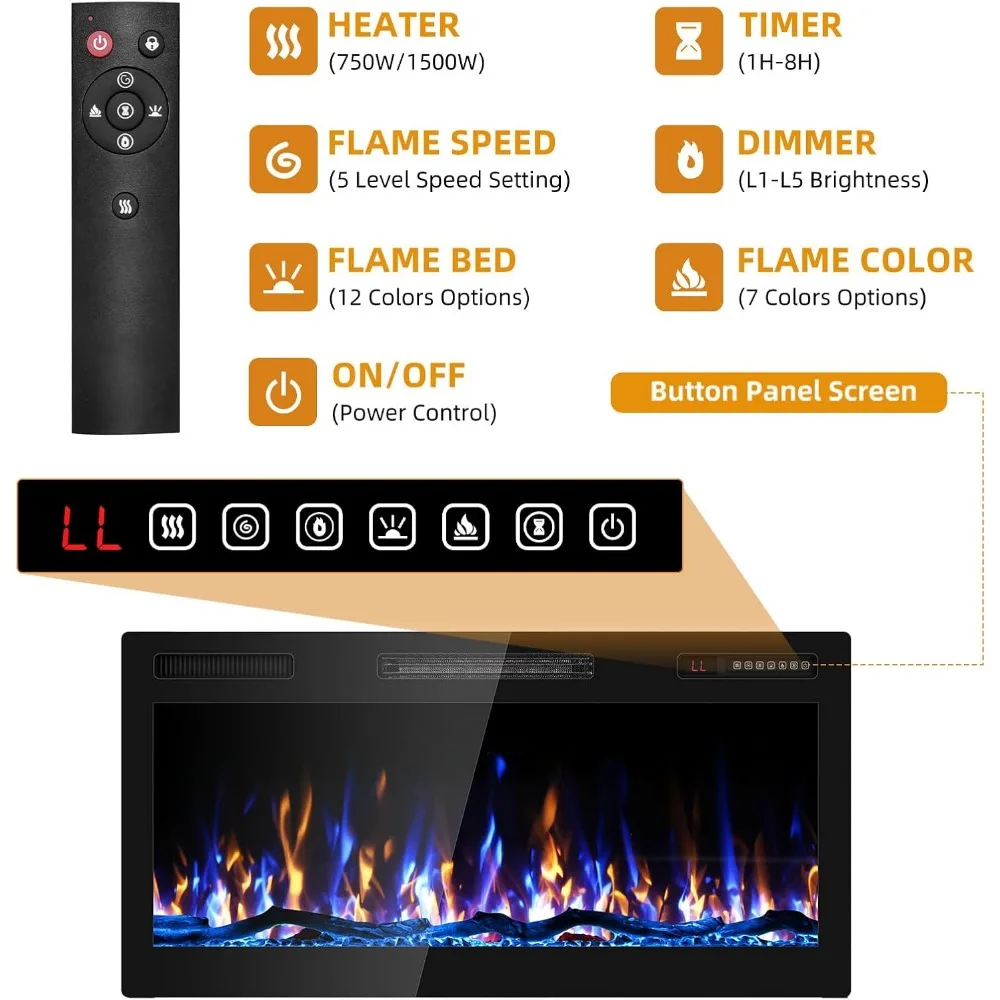 Ultra-Slim Bezel Electric Fireplace, Wide Screen HD Flame, Modern Wall-Mounted Fuel Bed Logs, Recessed Design for Contemporary H