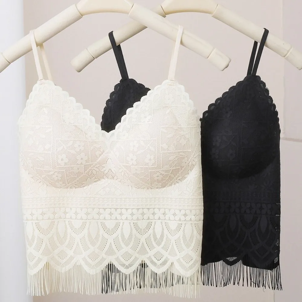 

Elegant With Chest Cushion Ice Silk Lace Camisole Tassels Non Trace Crop Tops Sleeveless Streetwear Ice Silk Corset Daily