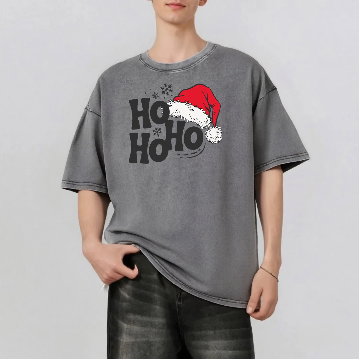 

Santa Hat Graphic Printing Men's Summer Retro Style Washed Water T-Shirt Casual Short Sleeved Basic Men's Top 230G