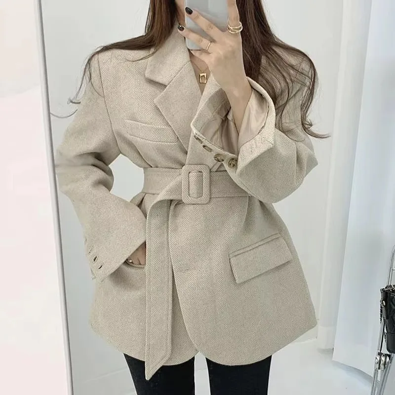 Insozkdg Korean Vintage High-end Lapel Women Jacket Autumn Winter Lace-up Waist Slimming Herringbone Woolen Coat Women Clothing