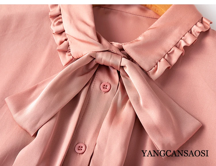 Women's Fashion South French High Quality Soft Waxy Silk Elastic Double Qiao Satin Wooden Ear Collar Long Sleeve Silk Shirt Bow