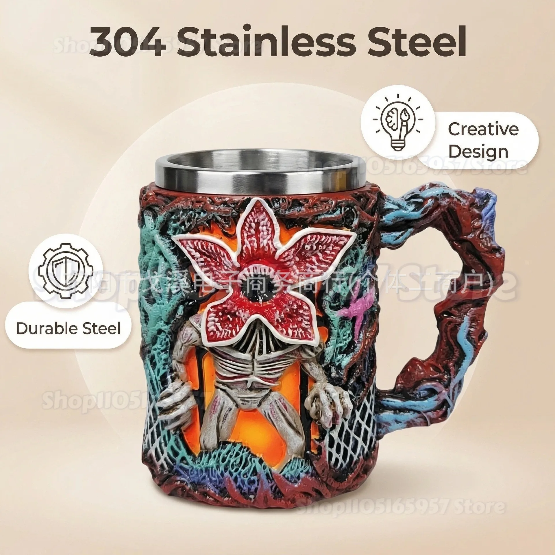 

Stranger-t Mug Man-Eating Flower Design Mug 3D Relief Resin Stainless Steel Mug Halloween Party Essential Gift for Fans
