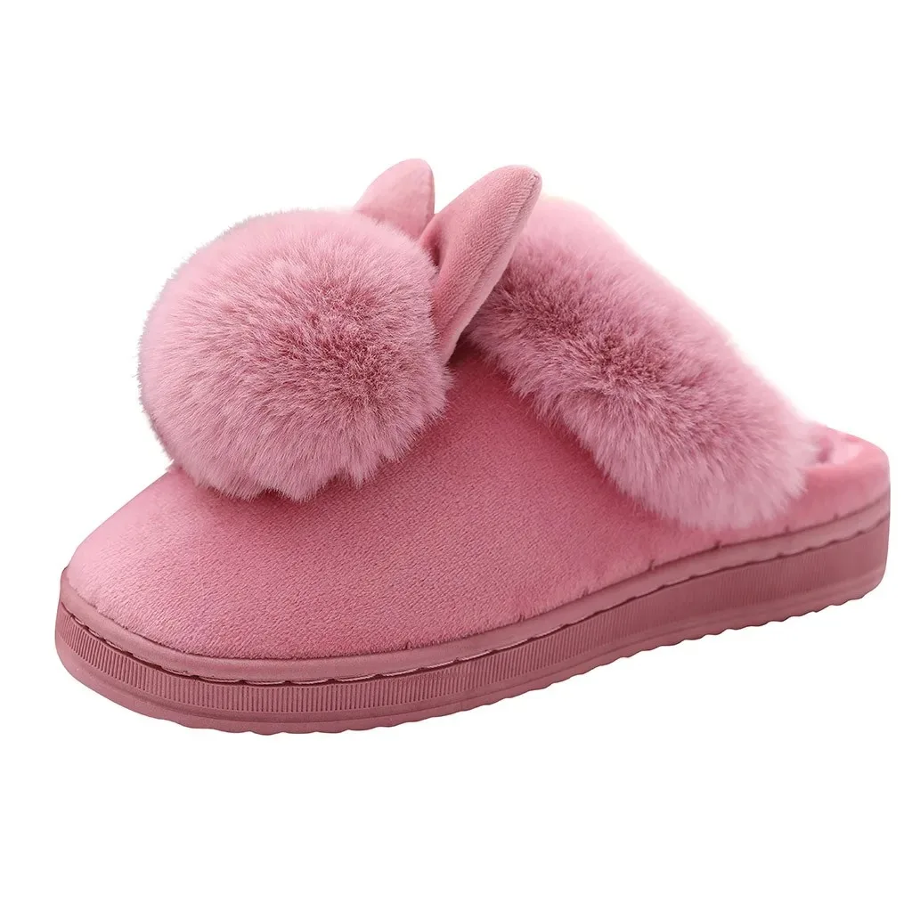 Zapatillas de casa cálidas de piel para mujer, zapatos de conejo para interiores, calzado con orejas peludas, zapatos de tacón plano para dormitorio interior, zapatillas mullidas, Invierno