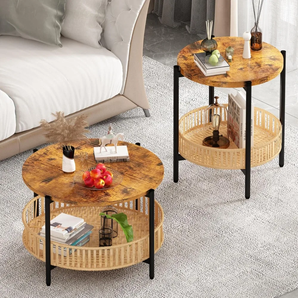 Boho Chic 3-Piece Coffee Table Set for Living Room with Rattan Shelf and Metal Frame, Round Tables