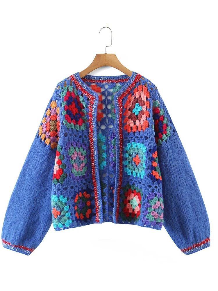 

2022 Fashion Women Handmade Multicolor Plaid Crochet Cardigan Sweater Lantern Sleeve O Neck Female Vintage Autumn Coat