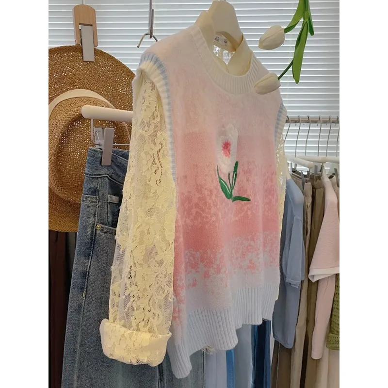 

Flower Round Neck Sweet Gradient Sweater Waistcoat for Women Knitted Loose Sleeveless Contrast Top Vest