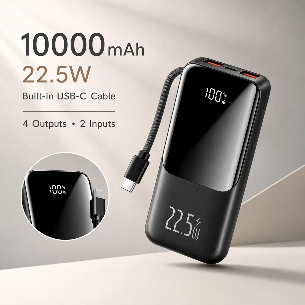 Mini Power Bank 10000mAh 22.5W Portable Charger with Built-in USB-C Cable For iPhone 17 Samsung S25 S24 Xiaomi Huawei