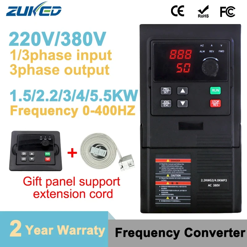 ZUKED 380V/220V VFD Variable Frequency Drive Converter Inverter 1.5/2.2/3/4/5.5KW 220v 3-phase Motor Speed Controller