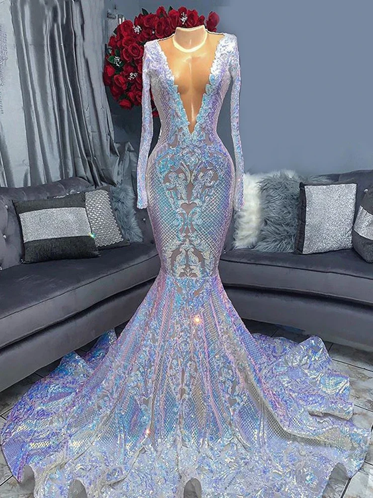 Sparkly Sequin Prom Dresses 2025 Mermaid Black Girls Sheer V Neck Long Sleeves African Evening Gala Gowns Graduation Customized