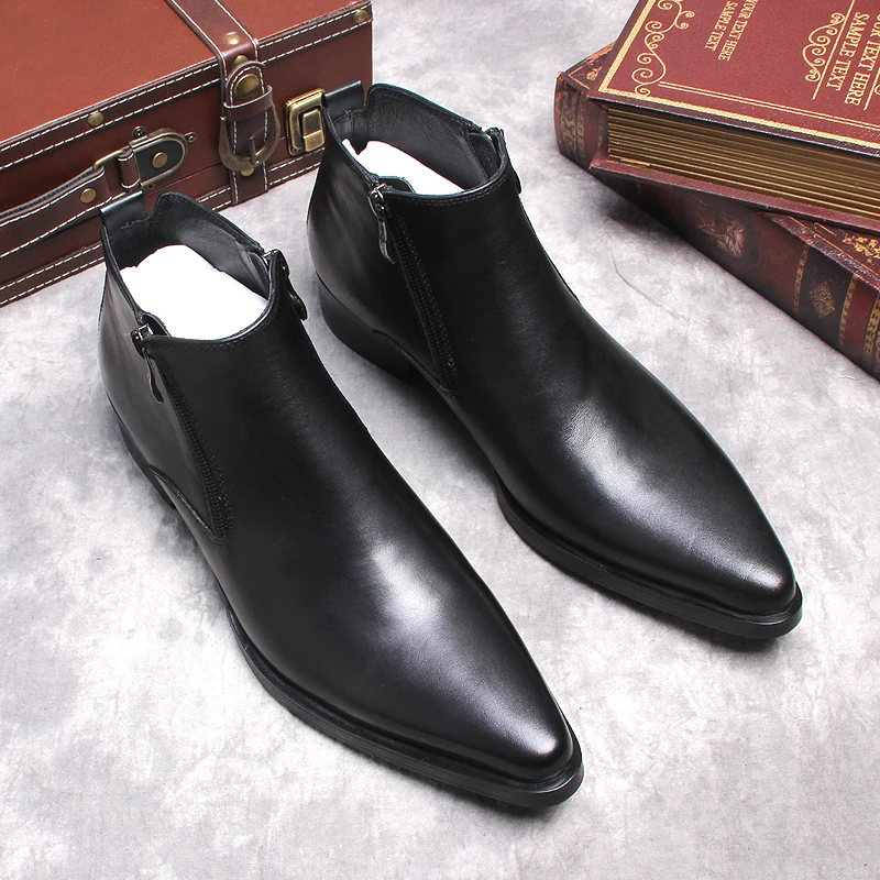 Classic Mens British Ankle Boots Men Black Brown Zipper Men Pointy Dress Boots Genuine Leather Chelsea Boots Men Big Size