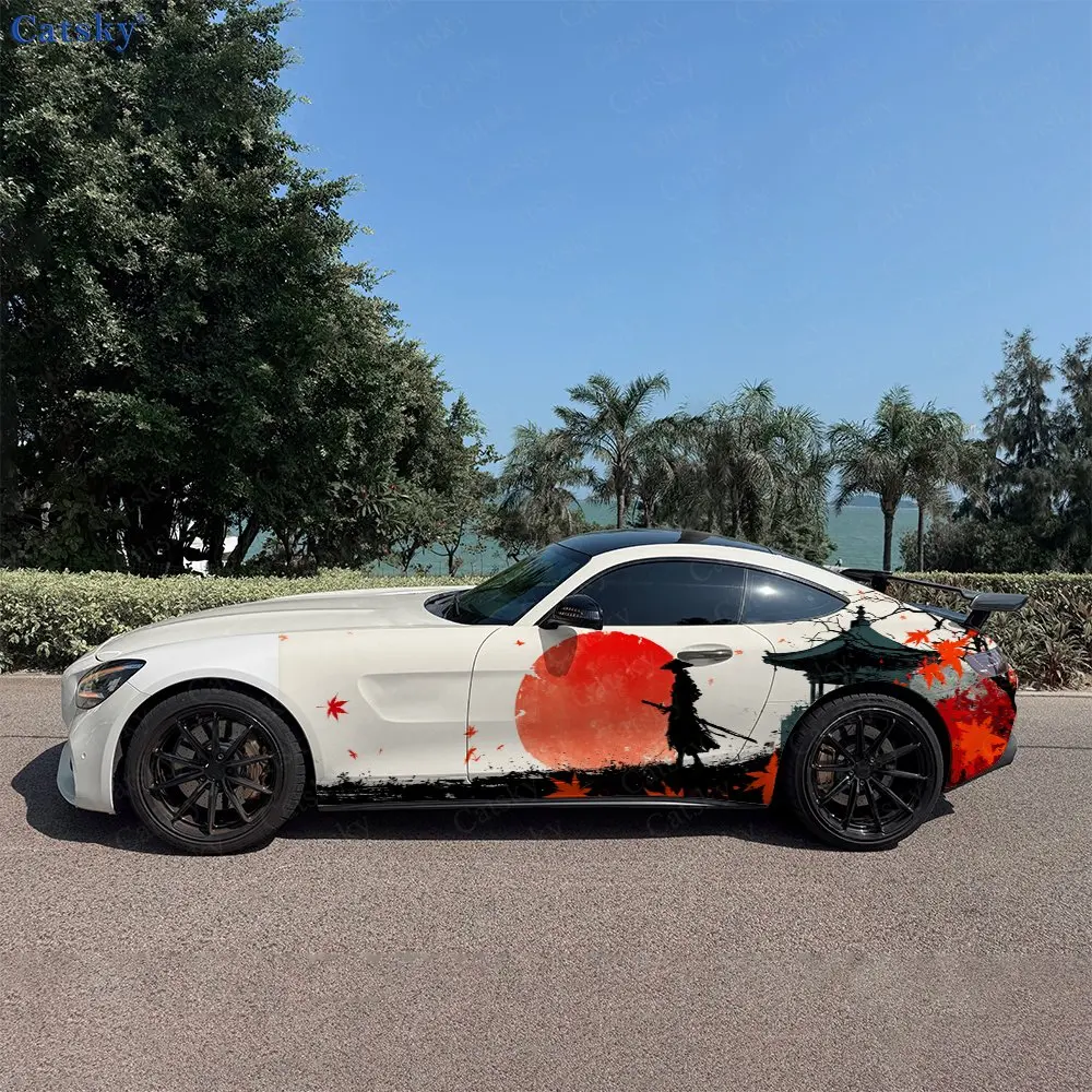 2pcs Ink Wash Red Maple Samurai Car Side Wraps, Self-Adhesive PVC Waterproof & Scratch-Resistant Stickers, Car Accessory Gift