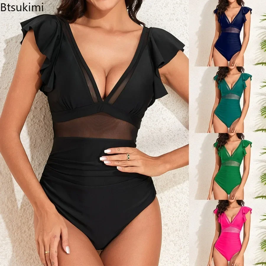 

New 2025 Women's Sexy Black One Piece Swimsuit Patchwork See Through Ruffles V Neck Backless Swimwear Bathing Suit Slim Monokini