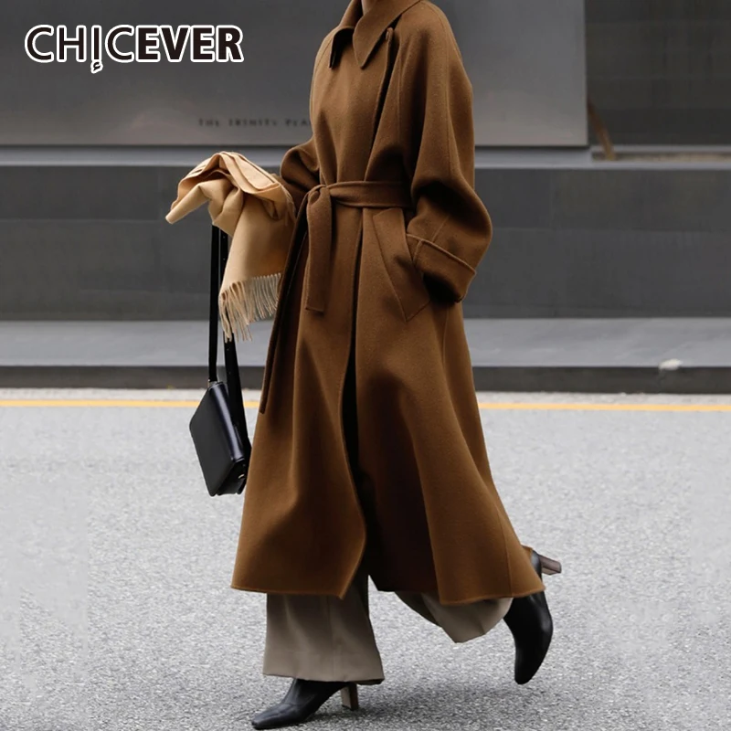 

CHICEVER Solid Temperament Spliced Sashes Casual Overcoat Lapel Long Sleeve Patchwork Pocket Minimalist Jackets Female Fashion