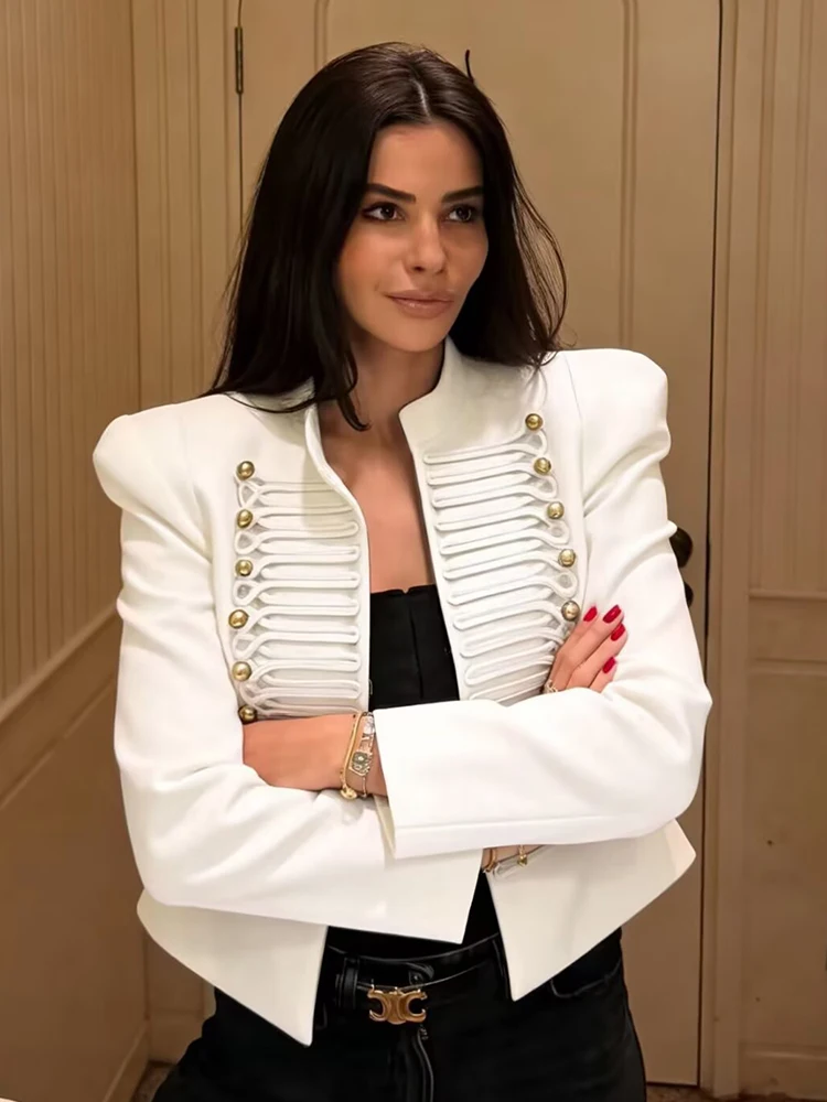 TFMLN Elegant Women Suit Jacket Shoulder Pads Stand Collar Double Breasted Decoration Short Coat 2026 Lady New Outerwear