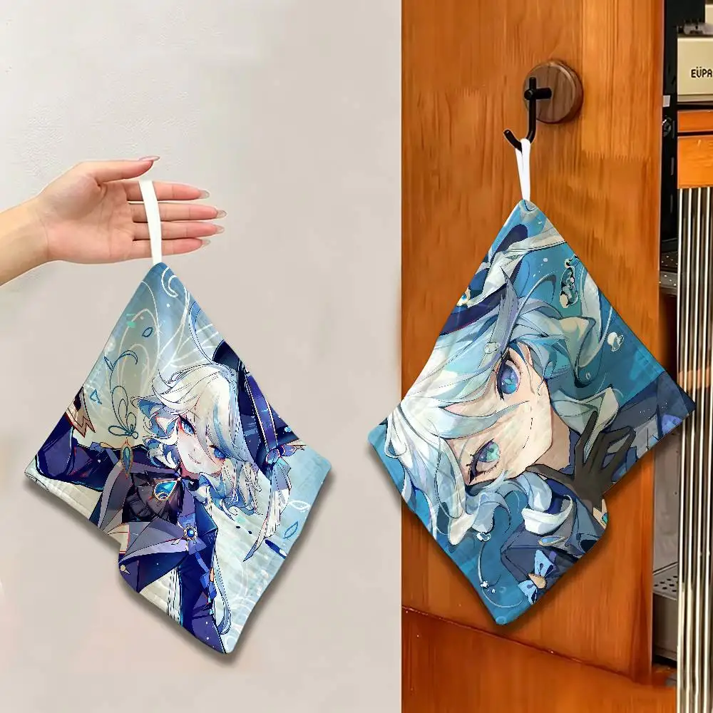 Genshin Impact Furina Anime Polyester Cotton Hanging Kitchen Towel, Absorbent Hand Wiping Cloth for Daily Cleaning Drying