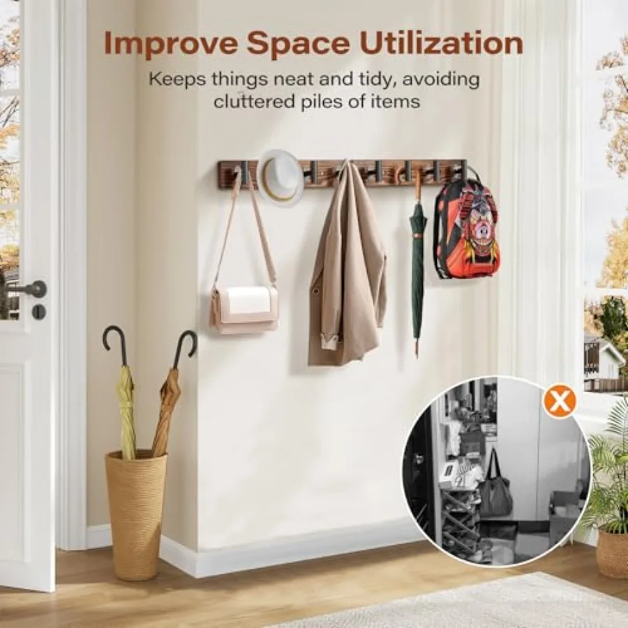 Настенная вешалка для одежды 32,3 в деревенском стиле с 8 черными металлическими сверхпрочными Т-образными крючками для прихожей, гостиной, ванной комнаты, прочный P