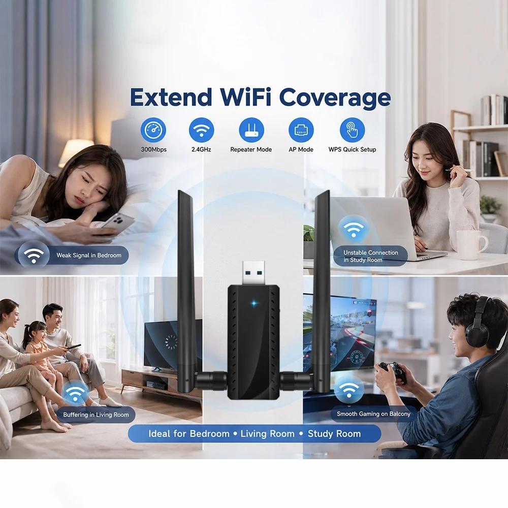 High Quality Portable 300Mbps OEM Wifi Repeater Booster Wifi Signal Booster Wireless USB Connect SIM Card 2.4GHZ Wifi Repeater