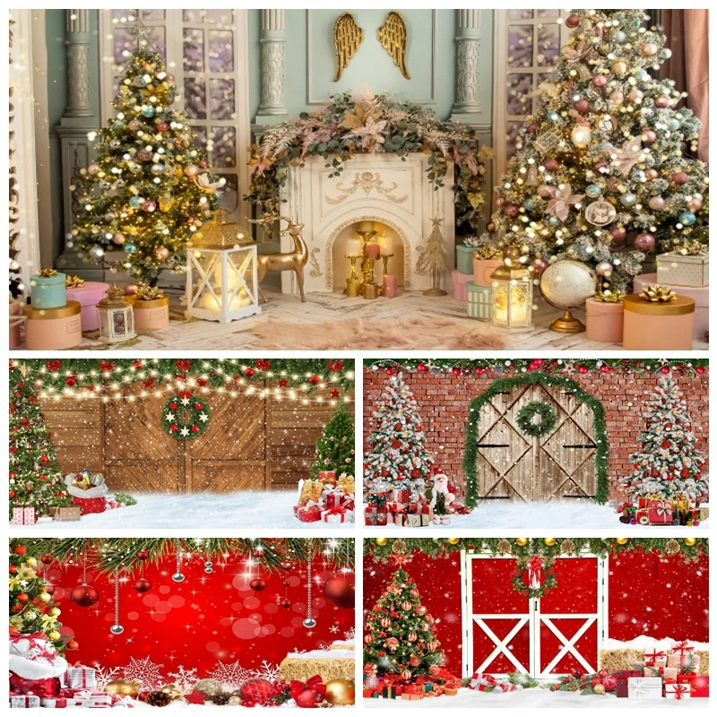 

Christmas Party Decor Backdrop Fireplace Wooden Wall Tree Gifts Baby Photo Photographic Xmas Photography Background Photo Studio