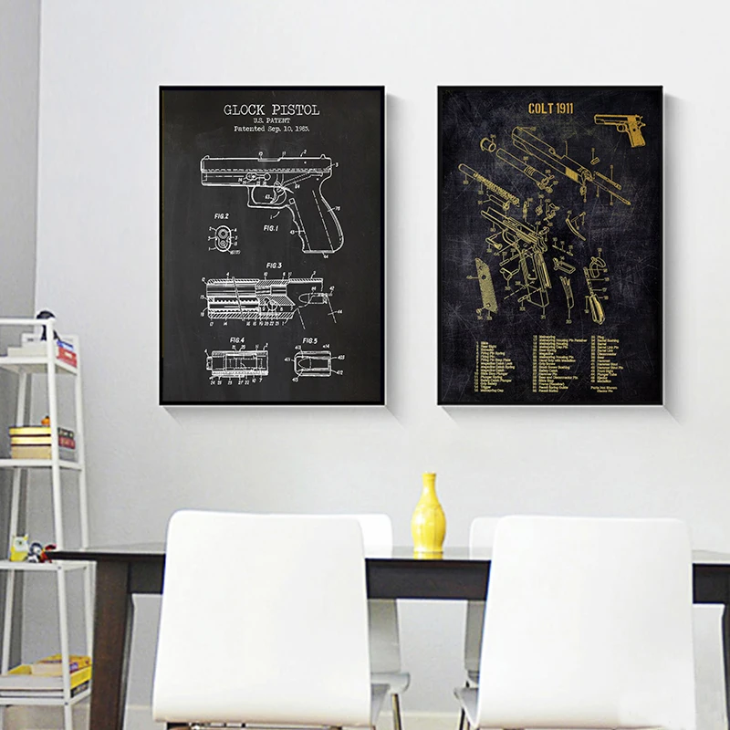 Firearms and Bullets Canvas Poster Gun Dismantling Diagram Wall Art Picture for Living Room Bedroom Playroom Modern Home Decor