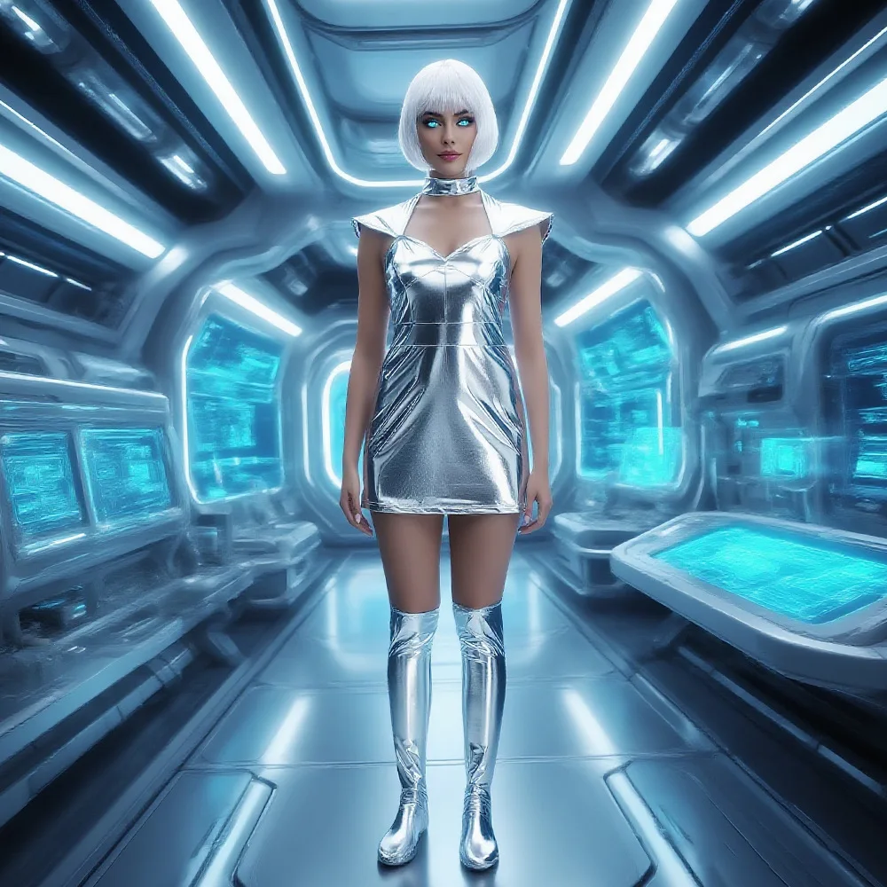 

Silver Spacesuit Mechanical Age Costume Women Star Ball Warrior Wore Shiny Astronaut Halloween Cosplay Dress with Foot Cover Wig