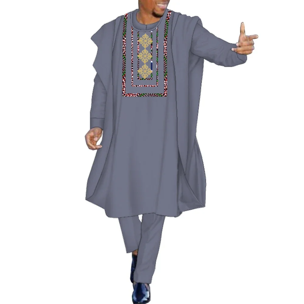 Conjunto de 3 piezas de ropa africana tradicional para hombre, pantalones de vestido con blusa, conjunto de pantalones de Color liso de retazos con