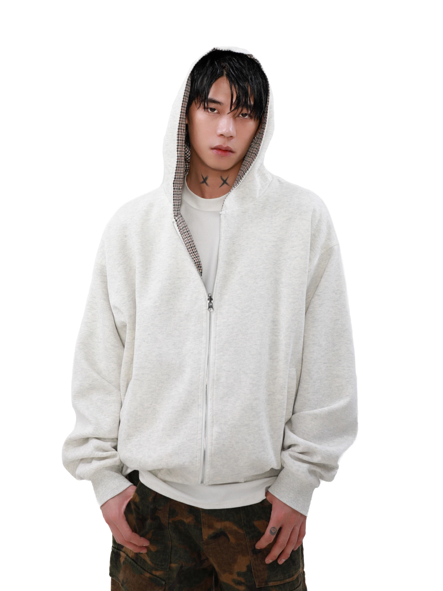

Autumn Solid Color Zipper Hooded Sweatshirts Double sided wear plaid jacket Fashion Hoodies Oversized Casual Cotton Tracksuit
