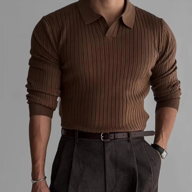 Chic Korean Men's Elastic Ribbed Collar Knit Pullover Spring Fall Versatile Slim Tee